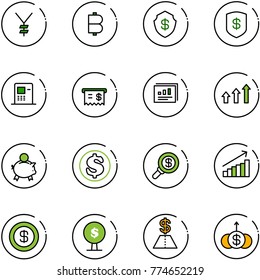line vector icon set - yen vector, bitcoin, safe, atm, receipt, statistics report, arrows up, piggy bank, dollar, search money, growth, tree
