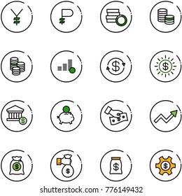 line vector icon set - yen vector, ruble, coin, dollar exchange, sun, account, piggy bank, cash pay, growth arrow, money bag, rich, managemet
