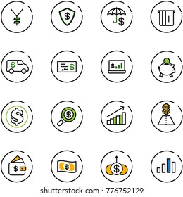 line vector icon set - yen vector, safe, insurance, atm, encashment car, check, account statistics, piggy bank, dollar, search money, growth, finance management, chart