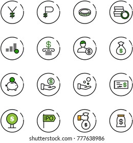 line vector icon set - yen vector, ruble, coin, bank, account, money bag, piggy, investment, cash pay, check, tree, ipo, rich
