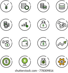 line vector icon set - yen vector, coin, money bag, cash pay, encashment, wallet, purse, growth arrow, dollar, tree, managemet
