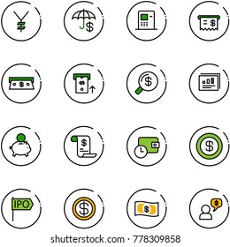 line vector icon set - yen vector, insurance, atm, receipt, cash, money search, statistics report, piggy bank, account history, wallet time, dollar, ipo, dialog