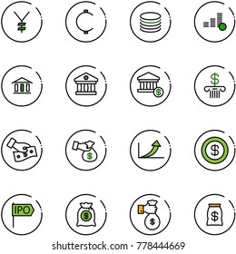 line vector icon set - yen vector, cent, coin, bank, account, cash pay, encashment, growth arrow, dollar, ipo, money bag, rich