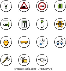 line vector icon set - yen vector, steep descent road sign, no overtake, pause, chat, calculator, tie, money managemet, strawberry, skateboard, satellite antenna, car wireless, axe, machine tool