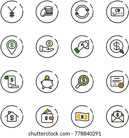 line vector icon set - yen vector, coin, exchange, credit card, dollar pin, investment, cash pay, money click, account history, piggy bank, search, certificate, home, finance management, mail
