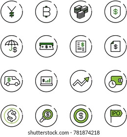 line vector icon set - yen vector, bitcoin, big cash, safe, insurance, account statement, encashment car, statistics, growth arrow, wallet time, dollar, search money, ipo