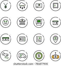 line vector icon set - yen vector, money rain, credit card, safe, dollar smile, bank, atm, receipt, cash, finance calendar, account statement, pin, investment, encashment car, growth