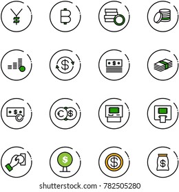 line vector icon set - yen vector, bitcoin, coin, dollar exchange, cash, euro, atm, pay, money tree, bag