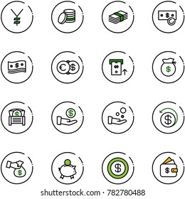 line vector icon set - yen vector, coin, dollar, cash, euro, atm, money bag, chest, investment, pay, back, encashment, piggy bank, finance management