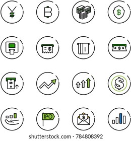 line vector icon set - yen vector, bitcoin, big cash, safe, atm, receipt, growth arrow, arrows up, dollar, ipo, mail, chart