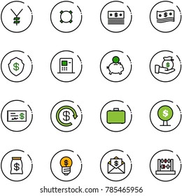 line vector icon set - yen vector, currency, dollar, cash, safe, atm, piggy bank, investment, check, reload, case, money tree, bag, business idea, mail, abacus