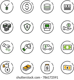 line vector icon set - yen vector, dollar coin, big cash, safe, atm, investment, pay, encashment car, money, rich, bag