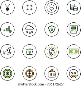 line vector icon set - yen vector, currency, dollar coin, money rain, safe, atm, cash pay, purse, finance management, smile