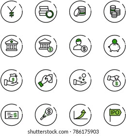 line vector icon set - yen vector, coin, bank, account, piggy, investment, cash pay, encashment, check, money torch, growth arrow, ipo