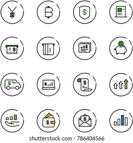 line vector icon set - yen vector, bitcoin, safe, atm, receipt, statistics report, piggy bank, encashment car, account, history, arrows up, growth, finance management, mail dollar, chart