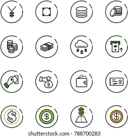 line vector icon set - yen vector, currency, coin, dollar, money rain, atm, cash pay, encashment, wallet, check
