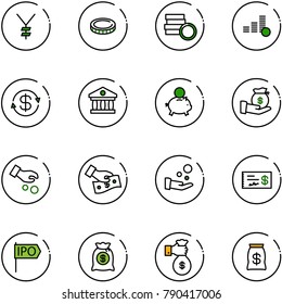 line vector icon set - yen vector, coin, dollar exchange, bank, piggy, investment, cash pay, check, ipo, money bag, rich