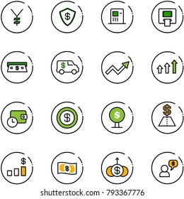 line vector icon set - yen vector, safe, atm, cash, encashment car, growth arrow, arrows up, wallet time, dollar, money tree, chart, dialog