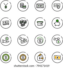 line vector icon set - yen vector, coin, dollar, cash, big, receipt, piggy bank, investment, pay, money back, encashment, finance management