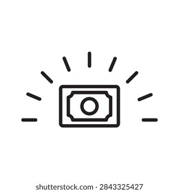 Line vector icon of a shining banknote surrounded by radiant light rays, representing financial opportunity, high return investment, lucrative deal, profit generation, and wealth creation.
