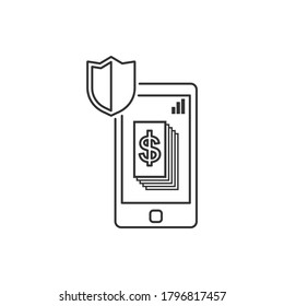 Line vector icon Smartphone, shield, safe money. Outline vector icon