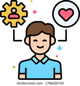 Icono de vector de línea de la gestión del estrés. Ilustración de un hombre feliz con rueda cognitiva y símbolo cardíaco.