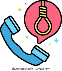 Line Vector Icon Of Suicide Prevention Helpline. Illustration Of A Phone And Rope Noose In Speech Bubble.
