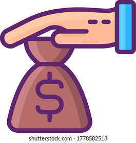 Line Vector Icon Of VC Venture Capital. Private Equity Financing To Provide Startups And Small Businesses. Illustration Of A Hand Giving Money Bag.