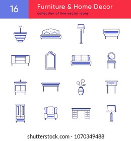 Line vector icons collection of furniture and home decor. Dark blue, violet and red isolated elements for web and print design