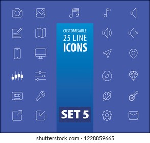 Line vector icons. Customisable line icons 2019. Line icons blue background. 