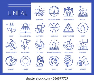 Line Vector Icons In A Modern Style. Heavy Industry, Power Generation, Water Resources, Pollution And Environmentally Friendly Energy Sources.