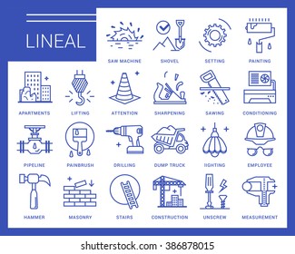 Line vector icons in a modern style. Repair of buildings and facilities, finishing works, plumbing, real estate construction, turnkey home.