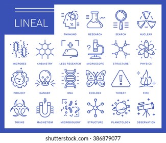 Iconos vectoriales de línea en un estilo moderno. Experimentos científicos, física y química, biología, microbiología, armas nucleares, biológicas de destrucción en masa, ensayos médicos con animales. 