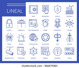 Line vector icons in a modern style. Secure connection and access to the Internet, access protection, virus threats, scan the system and data protection.