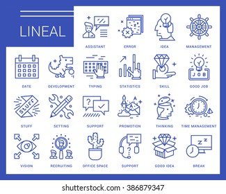  Line vector icons in a modern style. Search and selection of staff, Support and Assistance in Problem Solving, Jobs in the Corporation