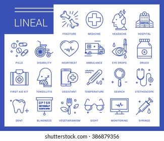 Line Vector Icons In A Modern Style. Medical Assistance Online, Hospitalized Patients, First Aid Kit, Vision Loss, Emergency Medical Care, Dental Care, Vegetarianism And Healthy Lifestyle