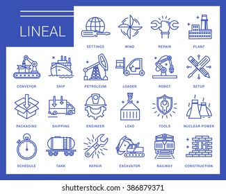 Line vector icons in a modern style. Heavy industry, delivery of goods by land, air and sea transport, species by professional activities, railways, 