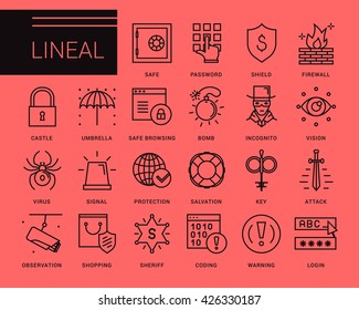 Line vector icons in a modern style. Secure connection and access to the Internet, access protection, virus threats, scan the system and data protection.