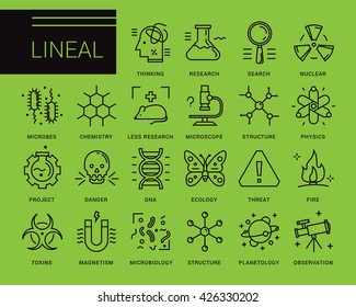 Line vector icons in a modern style. Scientific experiments, physics and chemistry, biology, microbiology, nuclear, biological weapons of mass destruction, medical testing on animals.