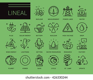 Line vector icons in a modern style. Heavy industry, power generation, water resources, pollution and environmentally friendly energy sources.