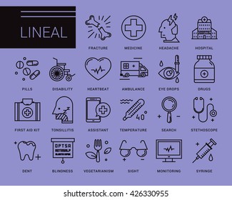 Line Vector Icons In A Modern Style. Medical Assistance Online, Hospitalized Patients, First Aid Kit, Vision Loss, Emergency Medical Care, Dental Care, Vegetarianism And Healthy Lifestyle