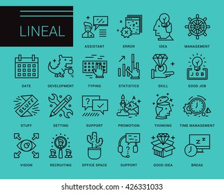  Line vector icons in a modern style. Search and selection of staff, Support and Assistance in Problem Solving, Jobs in the Corporation