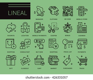 Line vector icons in a modern style. Online shopping and e-commerce, price list, mobile store, mobile payments.