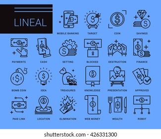 Line vector icons in a modern style. Business and finance, mobile payments, e-currency, speculation, mobile banking.