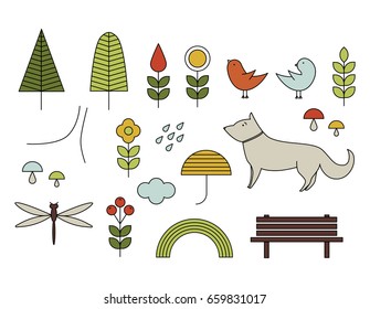 Line vector icons in Scandinavian style. Forest, park, trees, dog, birds, flowers, mushrooms, bench, clouds, umbrella, dragonfly. 