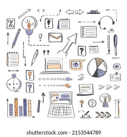 Line vector icons set in doodle style hand drawn. Collection of elements for design startup and business strategy concept.