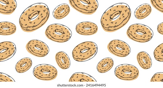 Line vector illustration beige donuts pattern seamless, fextile, fabric, wrapping paper, wallpaper, cafe