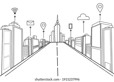 Construcción de perspectiva de ilustración de vector de línea con enlace de comunicación