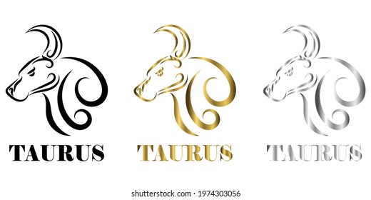 Line Vector Illustration of Bull It is signs of the taurus zodiac three tree color black gold silver