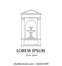 Line vector illustration of classical fountain  isolated on white background with place for your text. Vector template for business card and banner.